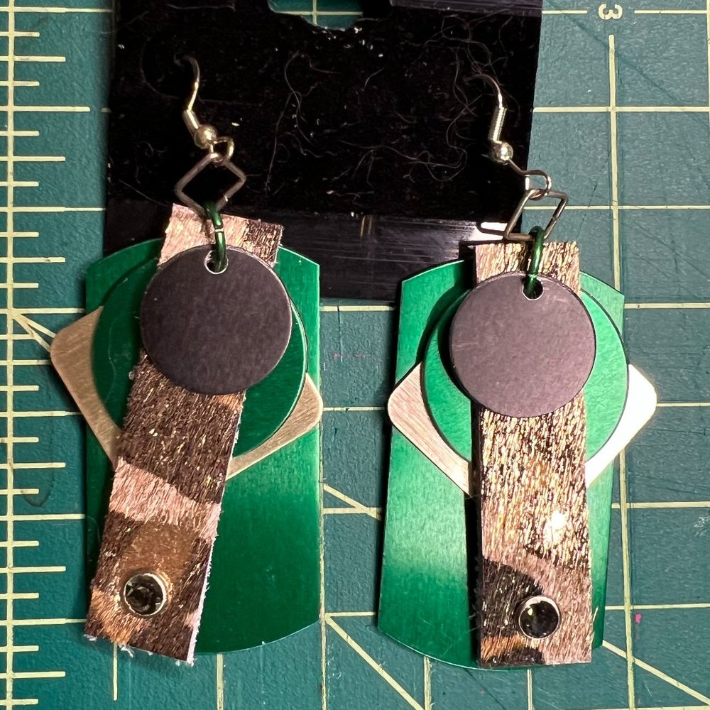 New Real Leather, Rhinestone, Earrings w Sterling Hooks Gold Leopard